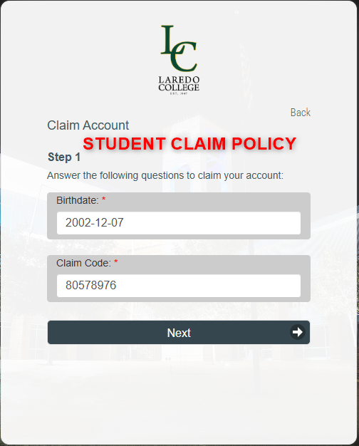 Step 4 - Student Claim Policy Information Screenshot